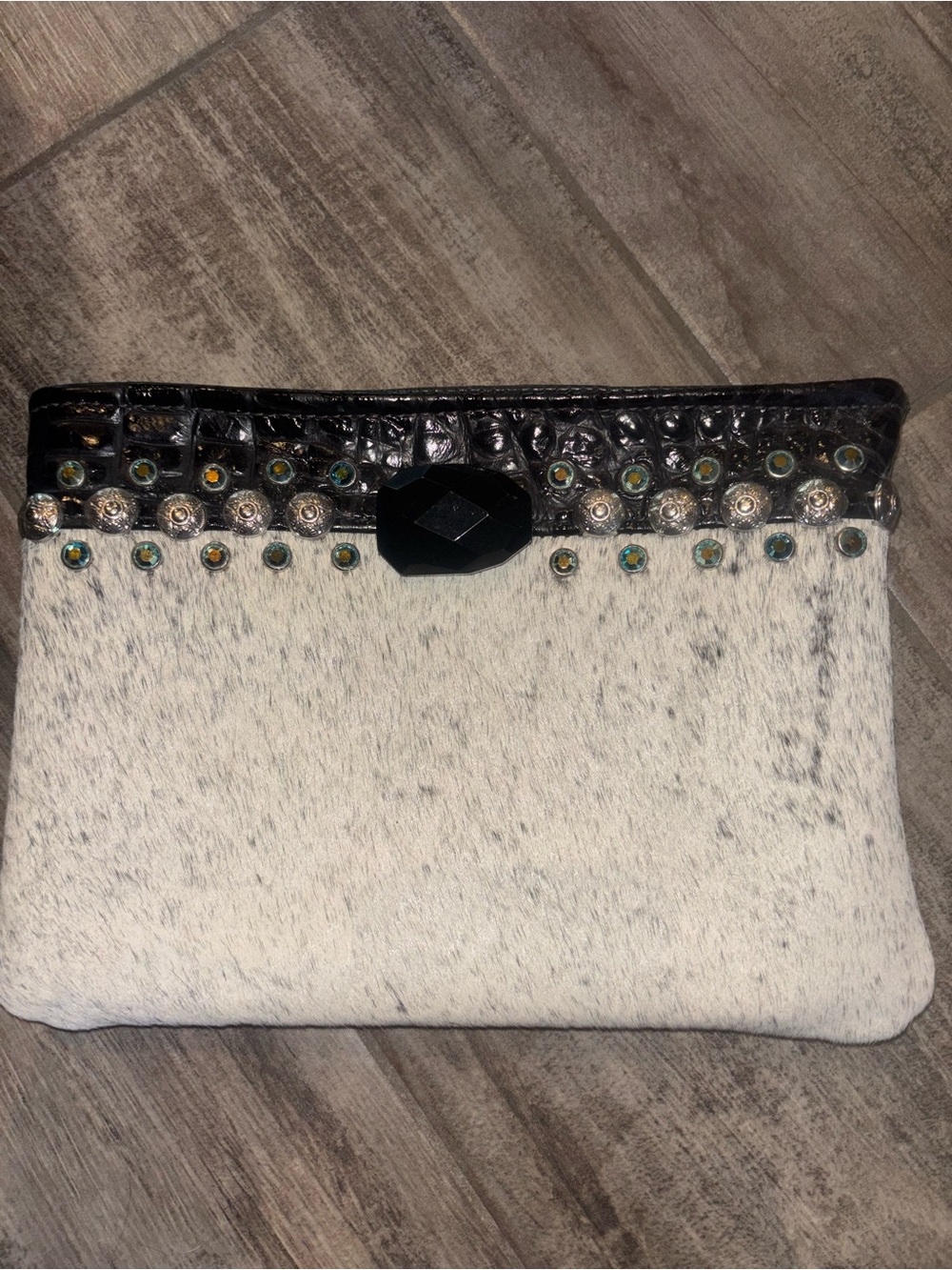 Black Trim White Haircalf Clutch with Stud Embellishments